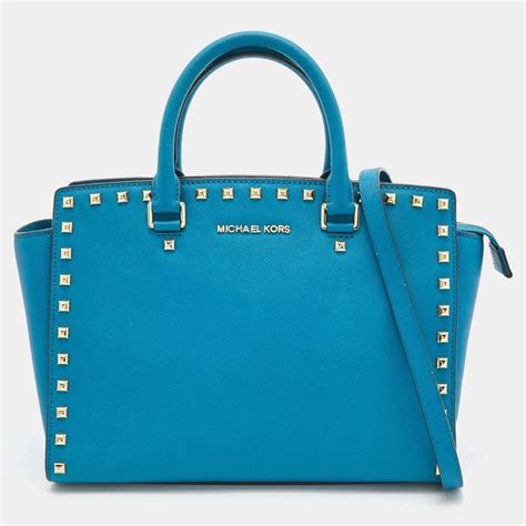 kors michael kors leather duster|Michael Kors Blue Leather Studded Selma Satchel with Duster .